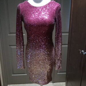 Backless sequin long sleeve dress, fades from maroon to gold, size Small